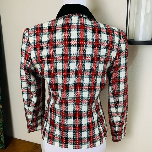 Vintage Size 6P Plaid Blazer Jacket Velvet Red Black Gold Metallic Holiday - Picture 4 of 11